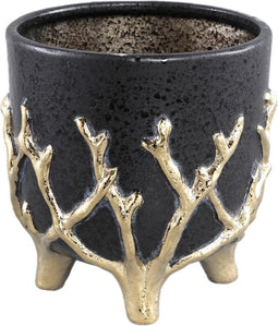 PTMD Quin Black Ceramic Pot Gold Branches Base Low L