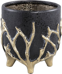 PTMD Quin Black Ceramic Pot Gold Branches Base Low M