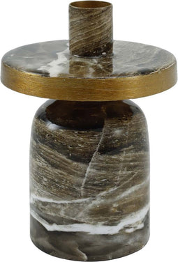 PTMD Randy Ronde Kandelaar Marmer - H14 x Ø10 cm - Ijzer - Bruin