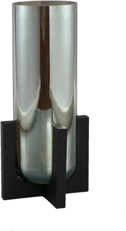 PTMD shaine grijs glanzend glazen vaas houten