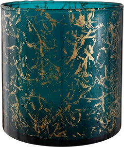 PTMD Silvy Rond Windlicht - H16 x Ø15 cm - Glas - Turquoise/goud