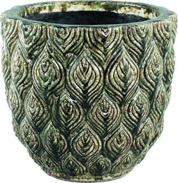 PTMD Skipp groene pot keramiek geglazuurd rond met pauw patroon maat in cm: 30 x 30 x 28 - Groen