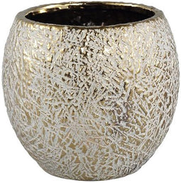 PTMD Sunia Cream Glazed Ceramic Pot Low Gold Finish M