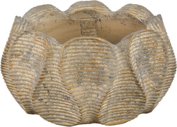 PTMD Waxy Brown Cement Pot Wavy Rib Pattern Round Low L