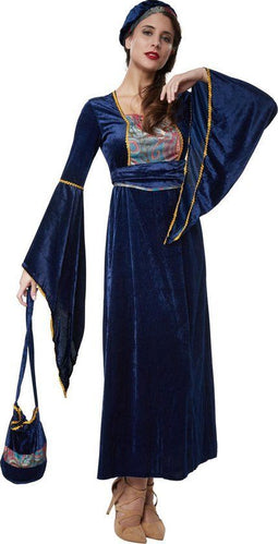 Dressforfun Bevallige jonkvrouw XXL - Verkleedkostuum - Blauw fluweel met gouden accenten