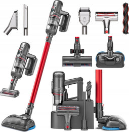 Puppyoo T12 Pro Rinse - Steelstofzuiger - 7 Opzetstukken - Met Dweilfunctie - Rood/Zilver