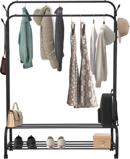 Brixy Kledingrek - Dubbel Kledingrek - Met Schoenenrek en Wielen - Zwart 163 x 110 x 35 cm