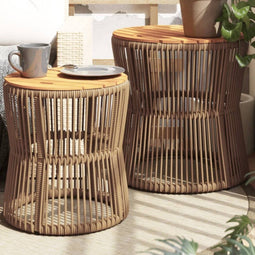 vidaXL Tuinbijzettafels 2 st met houten blad poly rattan beige