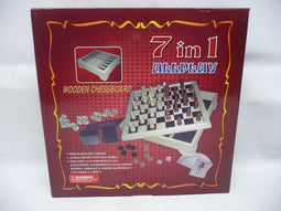 7 in 1 - Bordspellen - Houten kist met schaak dammen backgammon domino cribbage kaartspelen en dobbelstenen