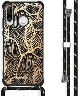 iMoshion Hoesje Geschikt voor Huawei P30 Lite Hoesje Met Koord - iMoshion Design Hoesje met Koord - Goud / Zwart / Golden Leaves