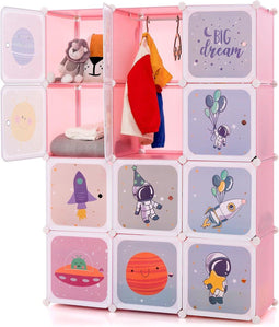 COSTWAY Kinderkledingkast - Reksysteem kunststof 12 kubussen 2 hangers - Roze en Wit