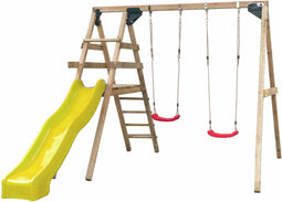Dubbele Schommel met Glijbaan Celina (SwingKing) | Speeltoestel met 2 Schommels en Glijbaan | Voor Buiten in de Tuin | FSC Hout - Glijbaan Geel