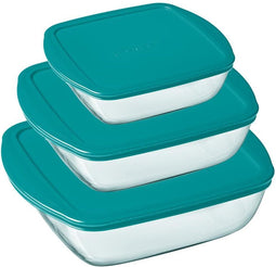 Pyrex - Cook & Store Schaal Vierkant met Deksel Set van 3 Stuks - Borosilicaatglas - Transparant