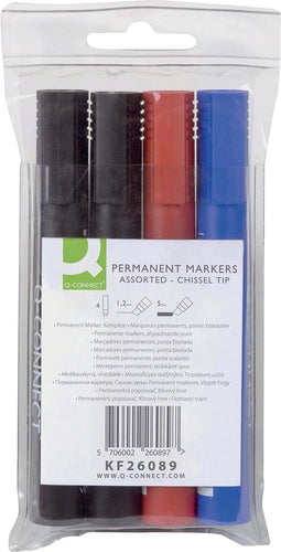 Q-CONNECT permanente marker, 2-5 mm, schuine punt, geassorteerde kleuren, etui van 4 stuks