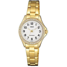 Q&Q C223J004Y - Horloge - Analoog - Dames - Vrouwen - stalen band - Rond - Metaal - Cijfers - Goudkleurig - Wit - Briljanten