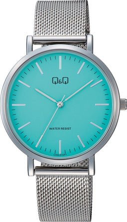 Q&Q C34A-015PY - Horloge - Analoog - Unisex - Milanese/Mesh stalen band - Rond - Metaal - Streepen - Zilverkleurig - Turkoois groen