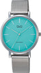 Q&Q C34A-015PY - Horloge - Analoog - Unisex - Milanese/Mesh stalen band - Rond - Metaal - Streepen - Zilverkleurig - Turkoois groen