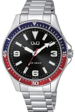Q&Q QB64J205Y - Horloge - Analoog - Mannen - Heren - Stalen band - Rond - Metaal - Cijfers - Zilverkleurig - Blauw - Rood -Zwart - Wit