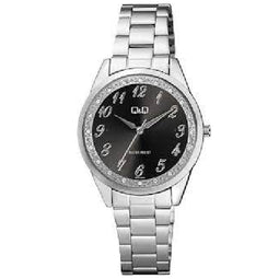 Q&Q QC07J205Y - Horloge - Analoog - Dames - Vrouwen - Stalen band - Rond - Metaal - Cijfers - Zilverkleurig - Zwart - Sprankelend - 3 ATM