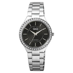 Q&Q QC21J202Y - Horloge - Analoog - Dames - Vrouwen - Stalen band - Rond - Metaal - Streepjes - Zilverkleurig - Zwart - Briljanten - 3 ATM