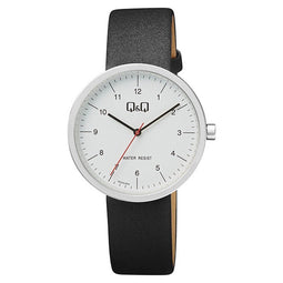 Q&Q QC24J304Y - Horloge - Analoog - Heren - Mannen - Leren band - Rond - Metaal - Cijfers - Zwart - Zilverkleurig - Wit - 3 ATM