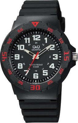 Q&Q VR18J006Y - Horloge - Sport - Analoog - Heren - Mannen - Plastic band - Rond - Cijfers - Kunststof - Zwart - Rood - 10ATM