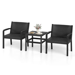 Coast Balkonset Zwart – 3-Delige Rattan Look Tuinmeubelset met 2 Stoelen en Tafel – Tafel 50 x 50 x
