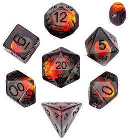HOT Games Dobbelstenen Set - Dinosaurus Ei 7 delig - Kunststof - Oranje Rood Zwart (7 stuks)