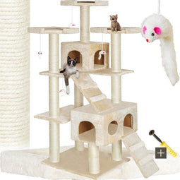 tectake® XXL Luxe Kattenkrabpaal - 186 cm - 2 kattenhuisjes 4 speelmuizen - Beige