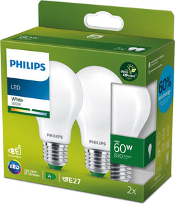 Philips Ultra Efficient LED lamp Mat - 60 W - E27 - Wit licht - 2-pack - Bespaar op energiekosten