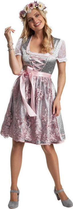 Dressforfun Mini-Dirndl Sonthofen model 2 - Verkleedkleding - Vetersluiting en tule schort - Zilver en roze