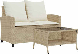 vidaXL - Tuinbank - 2-zits - met - kussens - & - tafel - poly - rattan - beige