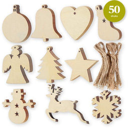 Giftmas Houten Kerstballen - Kerstversiering - 10 Vormen - 50 stuks (set van 50)