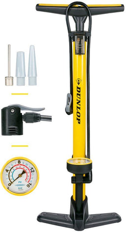 Dunlop Fietspomp - Staande Pomp met Drukmeter - Geschikt voor Presta Dunlop en Schrader Ventiel - Geel