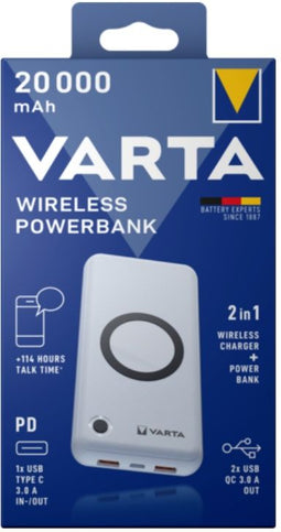 Varta Wireless Power Bank 20.000 mAh - Draadloos en bedraad opladen - 2 USB poorten