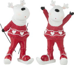 J-Line figuur Rendier Skien - polyresin - wit/rood - large - 2 stuks
