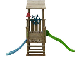 Houten speeltoren piraat incl 2 glijbanen - Prestige Garden lange kant groen - korte kant blauw