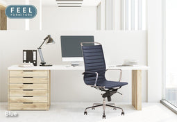 Feel Furniture - Luxe design bureaustoel van 100% rundleer - Hoge rugleuning - Donker blauw