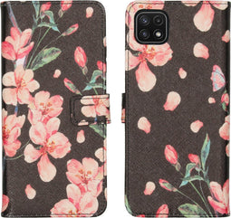 iMoshion Hoesje Geschikt voor Samsung Galaxy A22 (5G) Hoesje Met Pasjeshouder - iMoshion Design Softcase Bookcase - Zwart / Meerkleurig / Blossom Watercolor Black