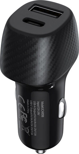 UNIQ Accessory 2.4A 36 Watt Dual port Snelle Autolader - met kabel - Lightning USB - Zwart