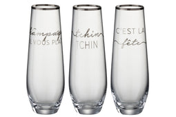 J-Line drinkglas Tekst Frans - glas - zilver - 3 stuks