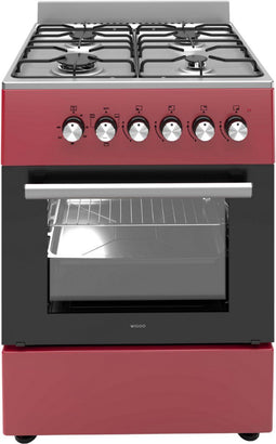 Wiggo WO-E609R - Vrijstaand Gasfornuis - 4 kookzones - 60 cm - 66 Liter - Rood Rvs