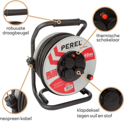 Perel Professionele kabelhaspel, gebruik binnen- en buitenshuis, spatwaterdicht (IP44), 4 stopcontacten met penaarde, anti-twist-systeem, thermische beveiliging, kabellengte 40 m, 3G2.5, grijs/zwart