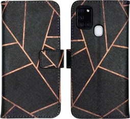 iMoshion Hoesje Geschikt voor Samsung Galaxy A21s Hoesje Met Pasjeshouder - iMoshion Design Softcase Bookcase - Goud / Zwart / Black Graphic