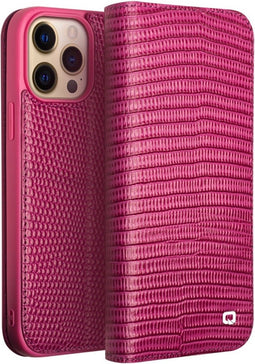 Qialino - Geschikt voor iPhone 14 Pro Max - Leren bookcase hoes - Croco Roze