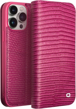 Qialino - Geschikt voor iPhone 15 Pro - Leren bookcase hoes - Croco Roze