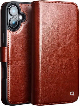 Qialino Geschikt voor iPhone 16 hoesje - Leren bookcase - Bruin