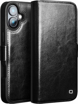 Qialino Geschikt voor iPhone 16 hoesje - Leren bookcase - Zwart