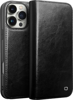 Qialino Geschikt voor iPhone 16 Pro hoesje - Leren bookcase - Zwart