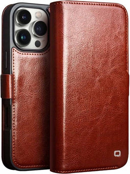 Qialino Geschikt voor iPhone 16 Pro Max hoesje - Leren bookcase - Bruin